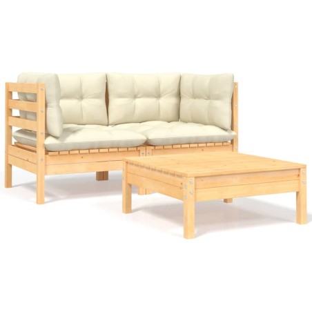 vidaXL Muebles de jardín 3 piezas madera maciza pino con cojines crema