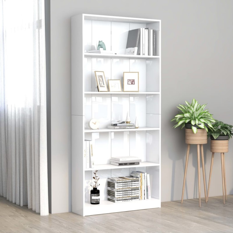 vidaXL Estantería de 5 niveles contrachapada blanco brillo 80x24x175cm vidaXL Estantería de 5 niveles contrachapada blanco brillo 80x24x175cm