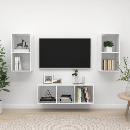 vidaXL Juego de muebles de salón 3 pzs madera ingeniería blanco brillo