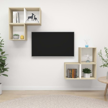vidaXL Muebles de salón 4 pzas madera ingeniería blanco y roble Sonoma