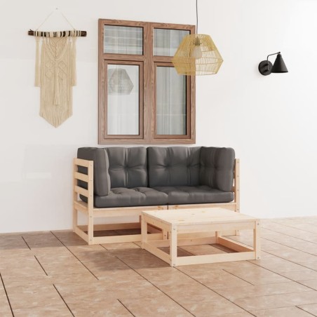 vidaXL Juego de muebles de jardín 3 pzas y cojines madera pino maciza