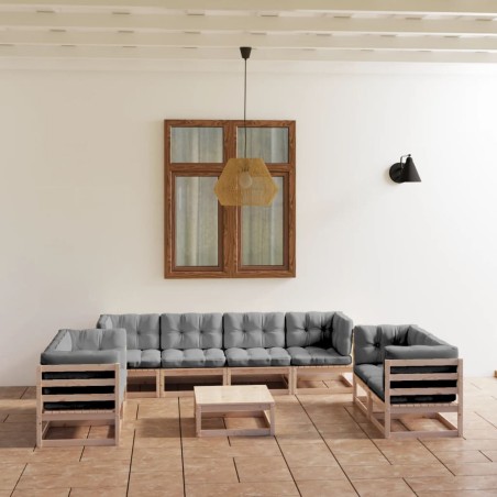 vidaXL Juego de muebles de jardín 9 pzas y cojines madera pino maciza