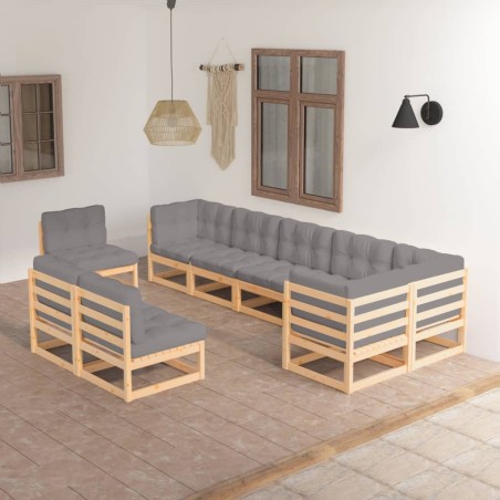 vidaXL Juego de muebles de jardín 9 pzas y cojines madera maciza pino