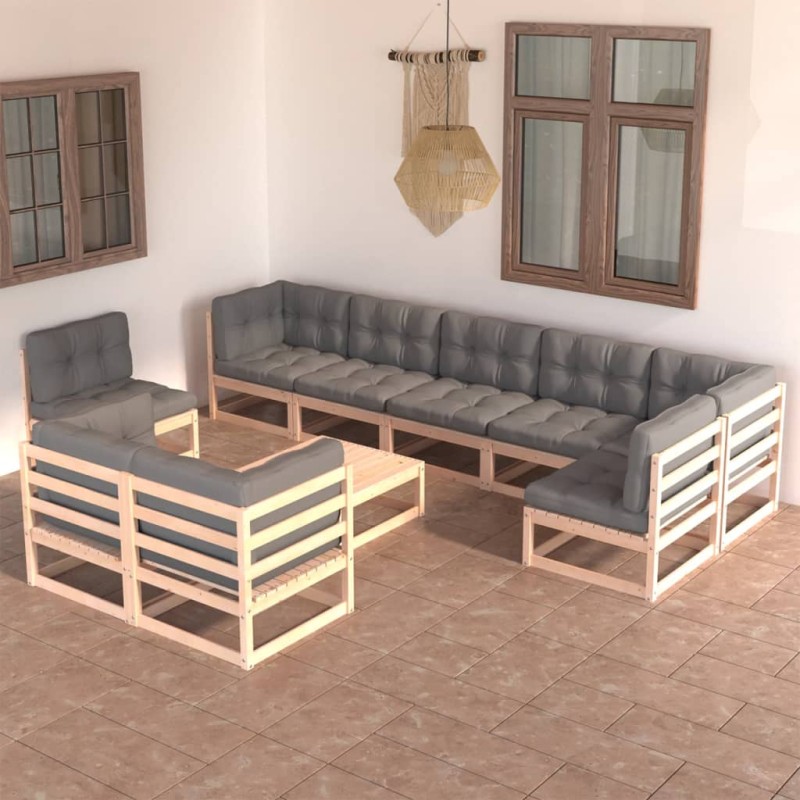 vidaXL Juego de muebles de jardín 10 pzas y cojines madera maciza pino