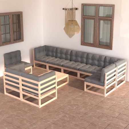 vidaXL Juego de muebles de jardín 10 pzas y cojines madera maciza pino