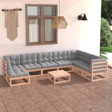 vidaXL Juego de muebles de jardín 9 pzas y cojines madera maciza pino