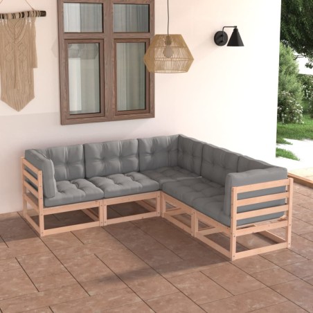vidaXL Juego de muebles de jardín 5 pzas y cojines madera maciza pino