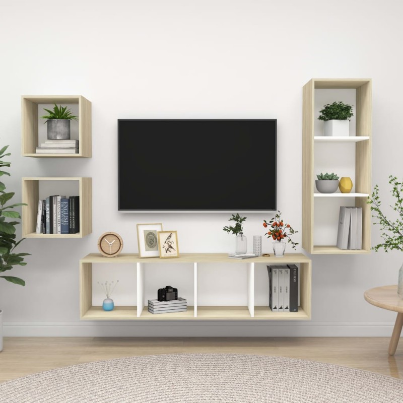 vidaXL Muebles de salón 4 pzas madera ingeniería blanco y roble Sonoma vidaXL Muebles de salón 4 pzas madera ingeniería blanco y roble Sonoma
