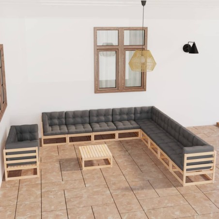 vidaXL Juego de muebles de jardín 12 pzas y cojines madera maciza pino