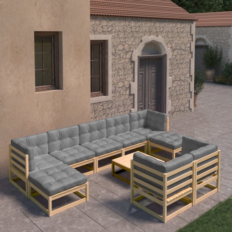 vidaXL Juego de muebles de jardín 10 pzas y cojines madera maciza pino vidaXL Juego de muebles de jardín 10 pzas y cojines madera maciza pino