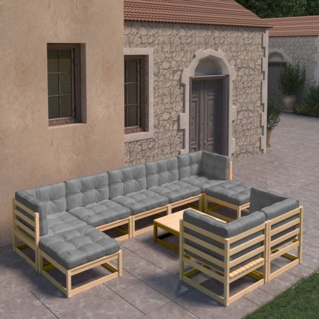 vidaXL Juego de muebles de jardín 10 pzas y cojines madera maciza pino
