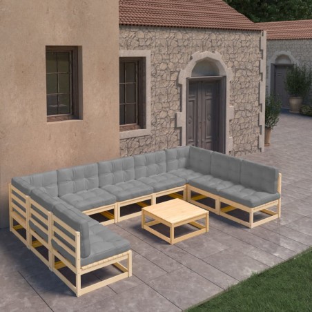 vidaXL Juego de muebles de jardín 10 pzas y cojines madera maciza pino