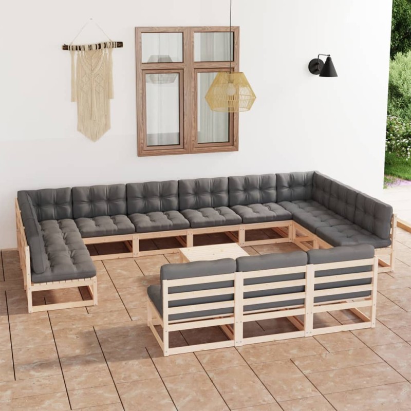 vidaXL Juego de muebles de jardín 14 pzas y cojines madera maciza pino vidaXL Juego de muebles de jardín 14 pzas y cojines madera maciza pino