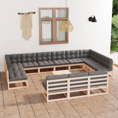vidaXL Juego de muebles de jardín 14 pzas y cojines madera maciza pino