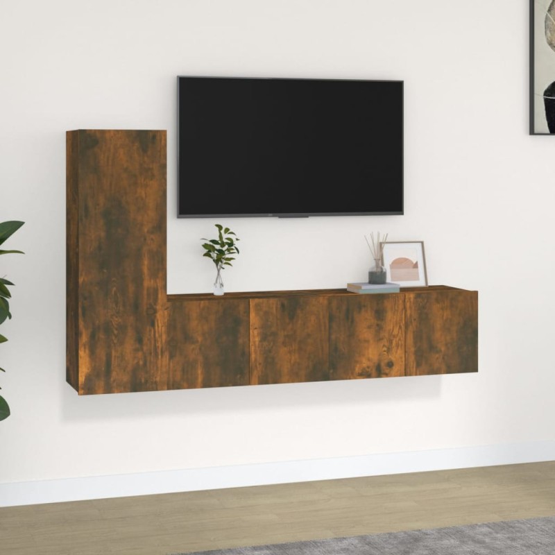 vidaXL Set de muebles de TV 3 pzas madera contrachapada roble ahumado vidaXL Set de muebles de TV 3 pzas madera contrachapada roble ahumado
