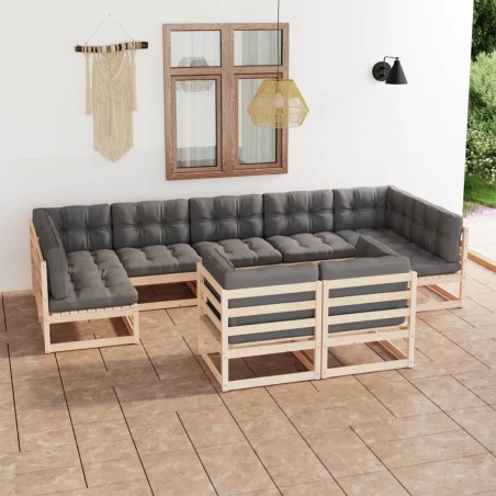 vidaXL Juego de muebles de jardín 9 pzas y cojines madera maciza pino