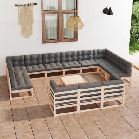 vidaXL Juego de muebles de jardín 14 pzas y cojines madera maciza pino