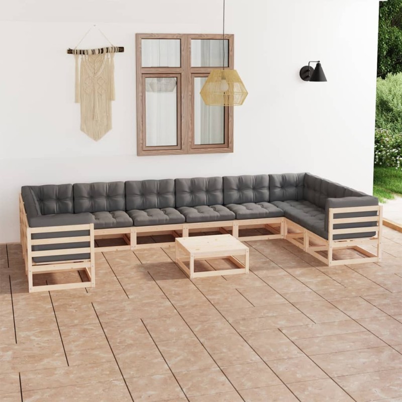vidaXL Juego de muebles de jardín 11 pzas y cojines madera maciza pino vidaXL Juego de muebles de jardín 11 pzas y cojines madera maciza pino