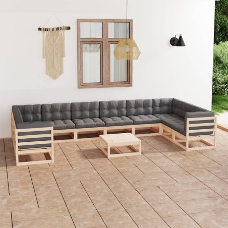 vidaXL Juego de muebles de jardín 11 pzas y cojines madera maciza pino