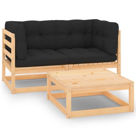 vidaXL Juego de muebles de jardín 3 pzas y cojines madera maciza pino