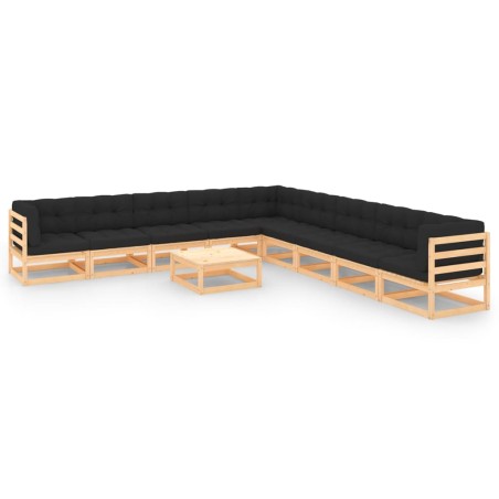 vidaXL Muebles de jardín 10 pzas cojines antracita madera maciza pino