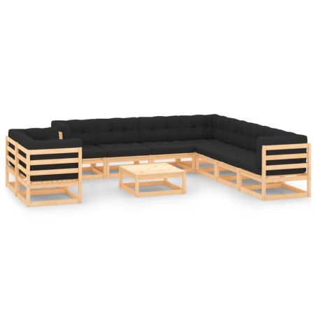 vidaXL Muebles de jardín 10 pzas cojines antracita madera maciza pino
