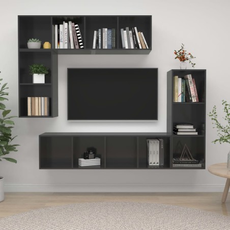 vidaXL Muebles de salón 4 piezas madera de ingeniería gris brillo