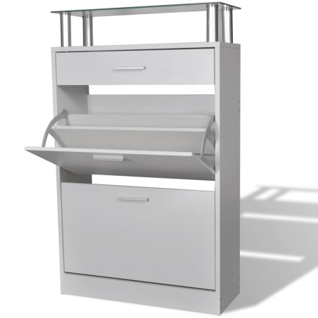 vidaXL Mueble zapatero con cajón y estante superior de vidrio blanco