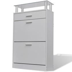 vidaXL Mueble zapatero con cajón y estante superior de vidrio blanco