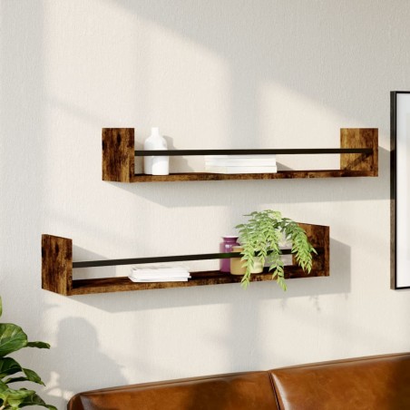 vidaXL Estantes de pared con barras 2 uds roble ahumado 80x16x14 cm