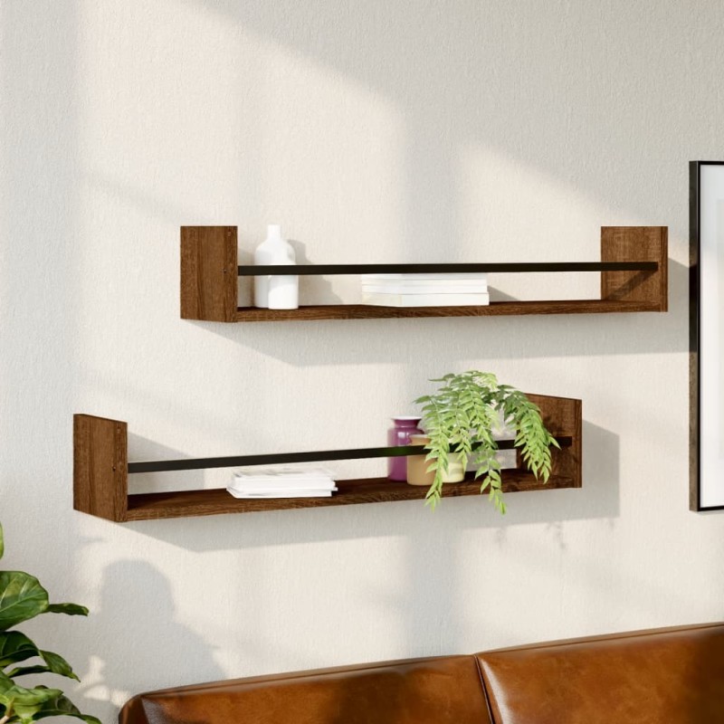vidaXL Estantes de pared con barras 2 uds marrón roble 80x16x14 cm vidaXL Estantes de pared con barras 2 uds marrón roble 80x16x14 cm