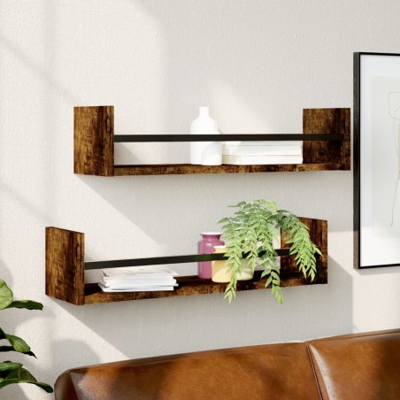 vidaXL Estantes de pared con barras 2 uds roble ahumado 60x16x14 cm