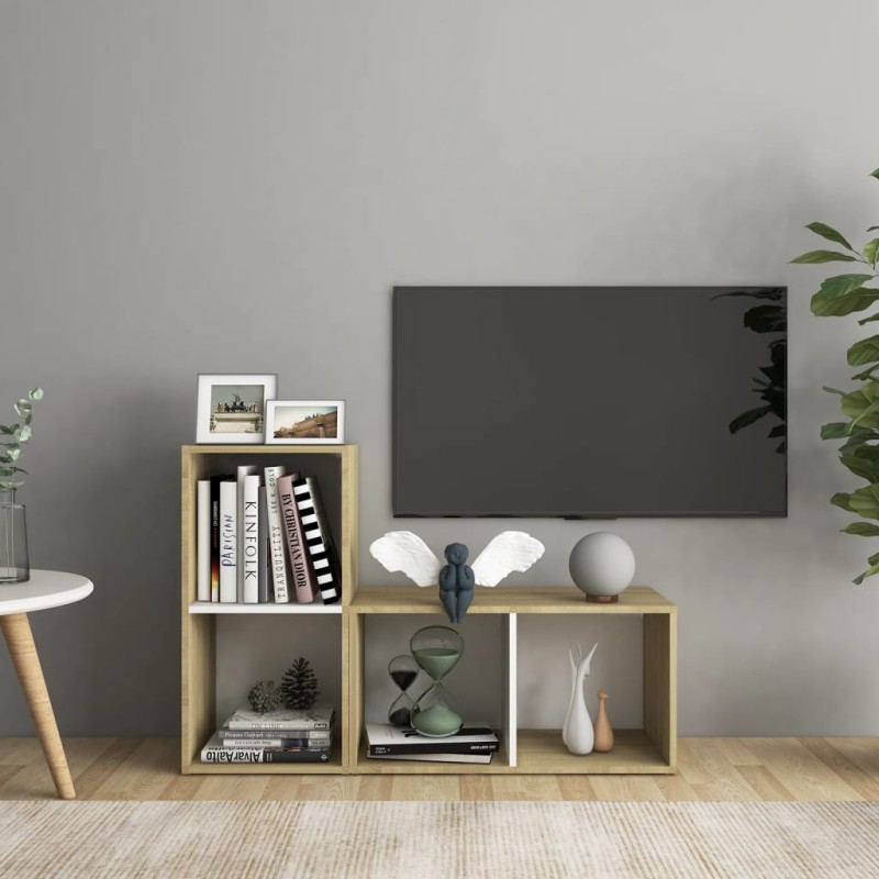 vidaXL Muebles de salón 2 pzas madera ingeniería blanco y roble Sonoma