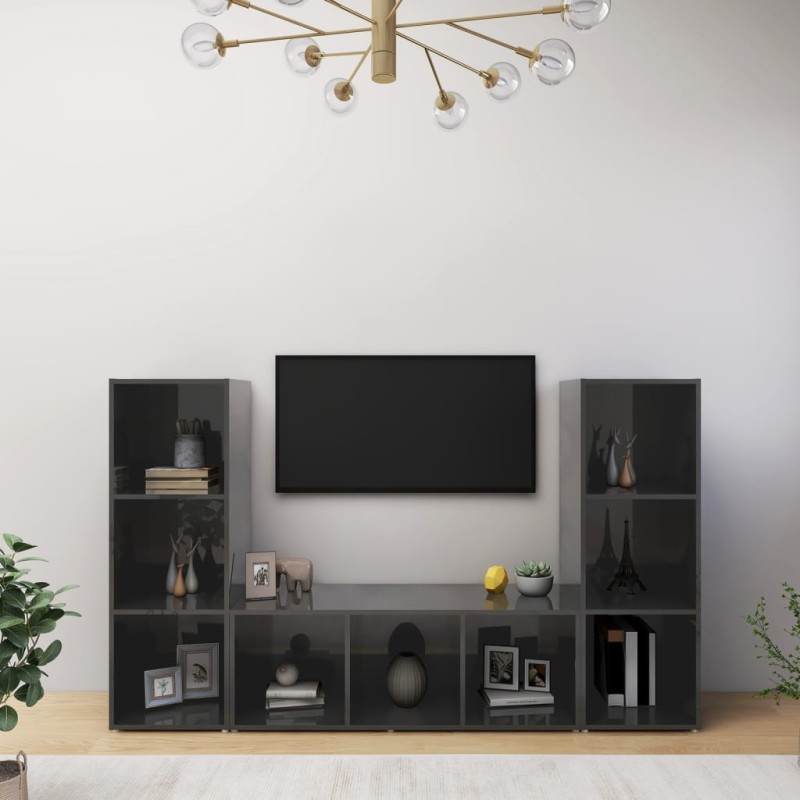 vidaXL Muebles de salón 3 piezas madera ingeniería gris brillo