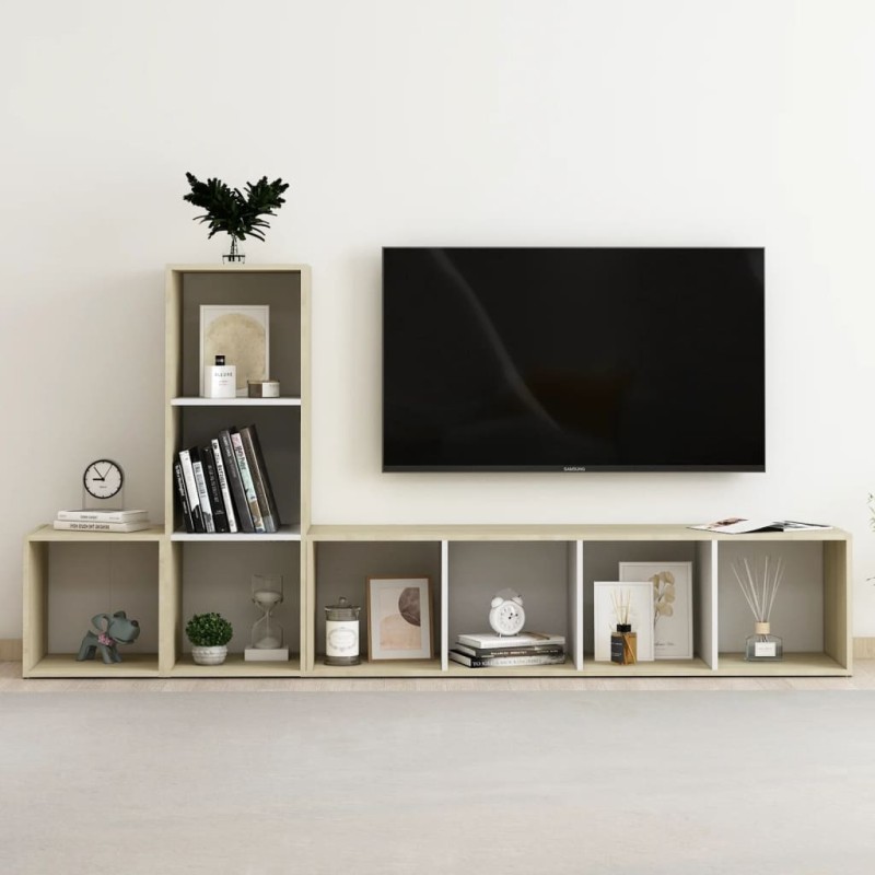 vidaXL Muebles de salón 3 pzas madera ingeniería blanco y roble Sonoma
