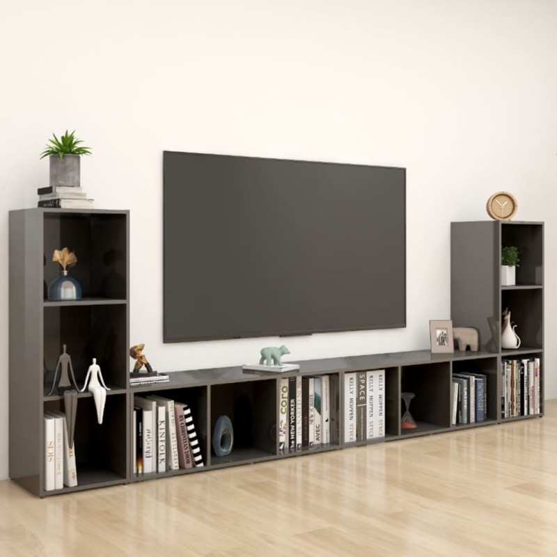 vidaXL Muebles de salón 4 piezas madera ingeniería gris brillo vidaXL Muebles de salón 4 piezas madera ingeniería gris brillo
