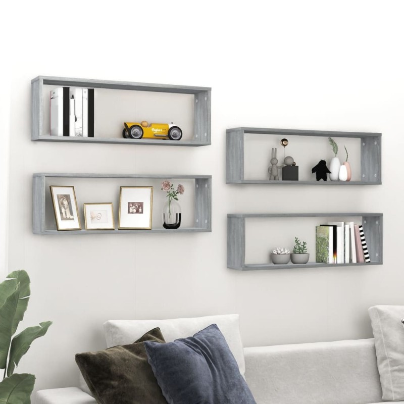 vidaXL Estante cúbico de pared 4 uds madera gris Sonoma 80x15x26,5 cm vidaXL Estante cúbico de pared 4 uds madera gris Sonoma 80x15x26,5 cm