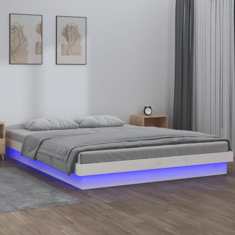 vidaXL Estructura de cama con LEDs madera maciza blanca 150x200 cm vidaXL Estructura de cama con LEDs madera maciza blanca 150x200 cm