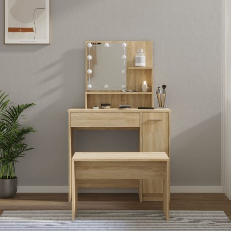 vidaXL Juego de tocador con LED madera contrachapada roble Sonoma