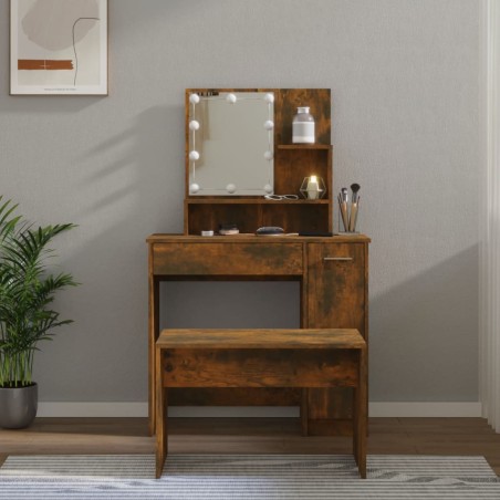 vidaXL Juego de tocador con LED madera contrachapada roble ahumado