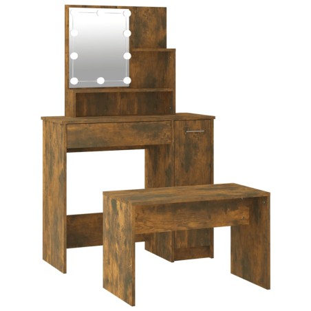 vidaXL Juego de tocador con LED madera contrachapada roble ahumado