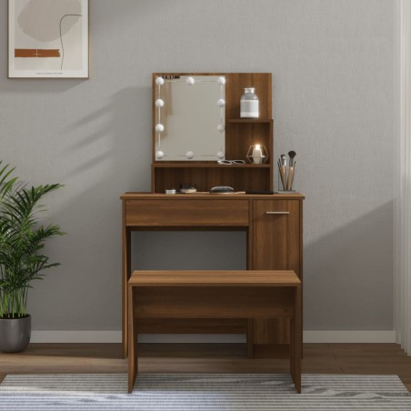 vidaXL Juego de tocador con LED madera contrachapada roble marrón