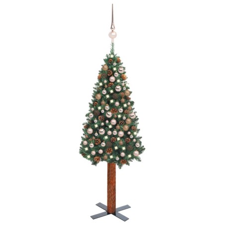 vidaXL Árbol de Navidad delgado con luces y bolas verde 210 cm