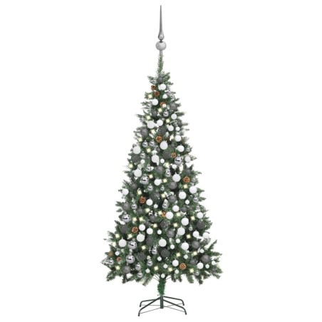 vidaXL Árbol de Navidad helado con luces, bolas y piñas 210 cm
