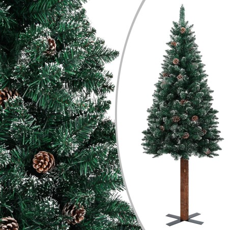 vidaXL Árbol de Navidad estrecho con madera real y nieve 180 cm verde