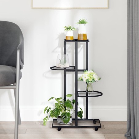 vidaXL Soporte para flores 4 alturas y ruedas hierro negro 44x23x80 cm