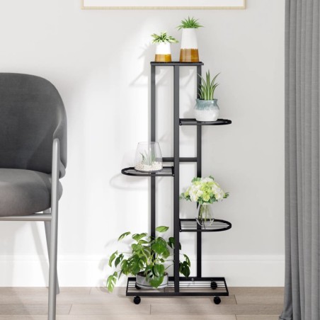 vidaXL Soporte para flores 5 alturas y ruedas hierro negro 44x23x100cm