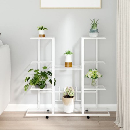 vidaXL Soporte para flores con ruedas hierro blanco 94,5x24,5x91,5 cm