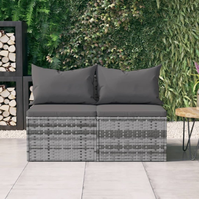 vidaXL Sofás centrales jardín con cojines 2 uds ratán sintético gris vidaXL Sofás centrales jardín con cojines 2 uds ratán sintético gris