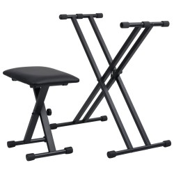 vidaXL Set de soporte para teclado con doble refuerzo y taburete negro